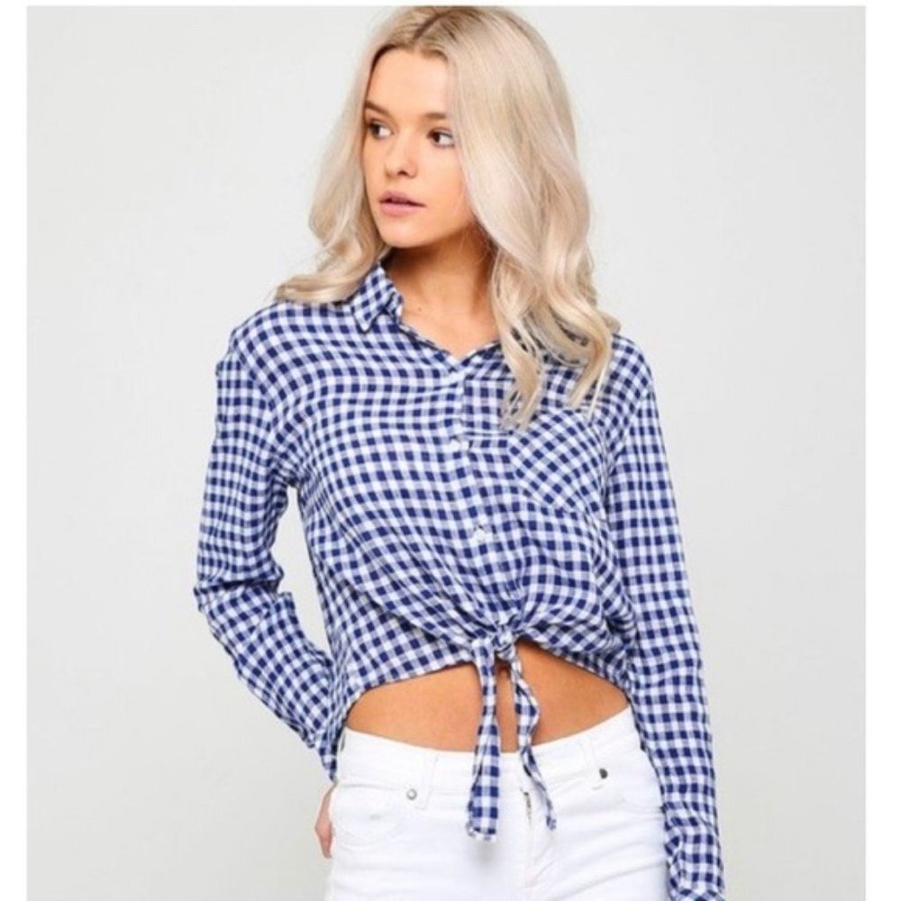 Rails Womens Blue White Gingham Tie Front Button Down Shirt XS Cropped Long Slv - Picture 2 of 12